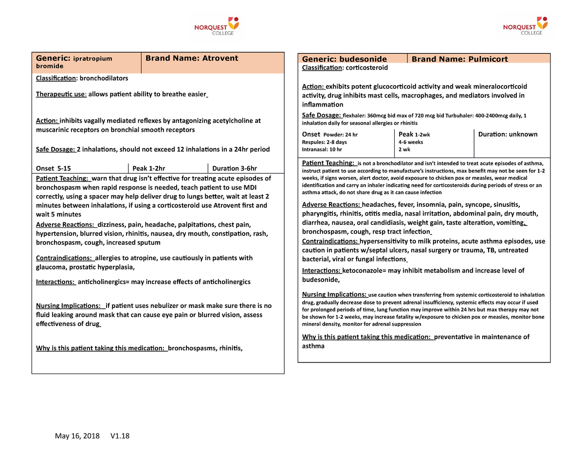 Nursing Medication Cards - May 16, 2018 V1. Generic: ipratropium ...