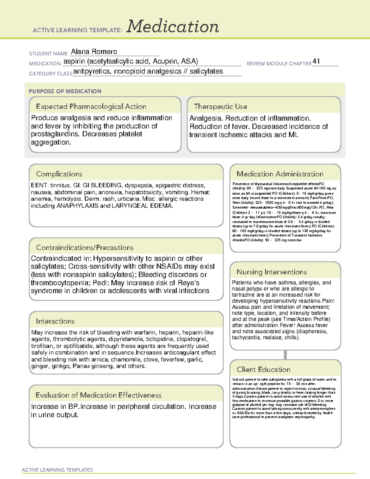 ATI- Medication- asprin - ACTIVE LEARNING TEMPLATES Medication STUDENT ...