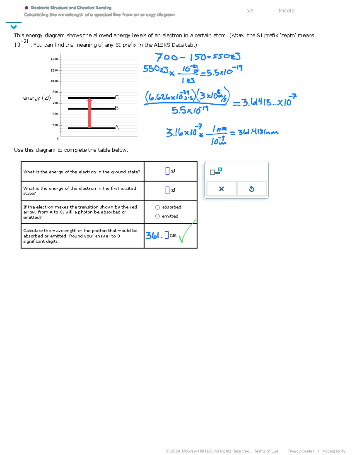 Aleks Calculating the wavelength of a spectral line from an energy