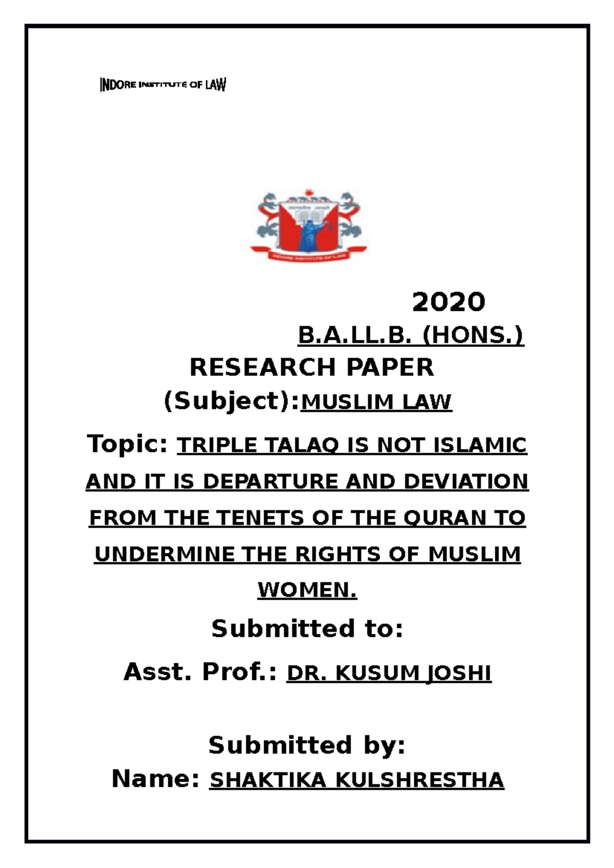 TRIPLE TALAQ RESEARCH PAPER - 2020 B.A.LL. (HONS.) RESEARCH PAPER ...