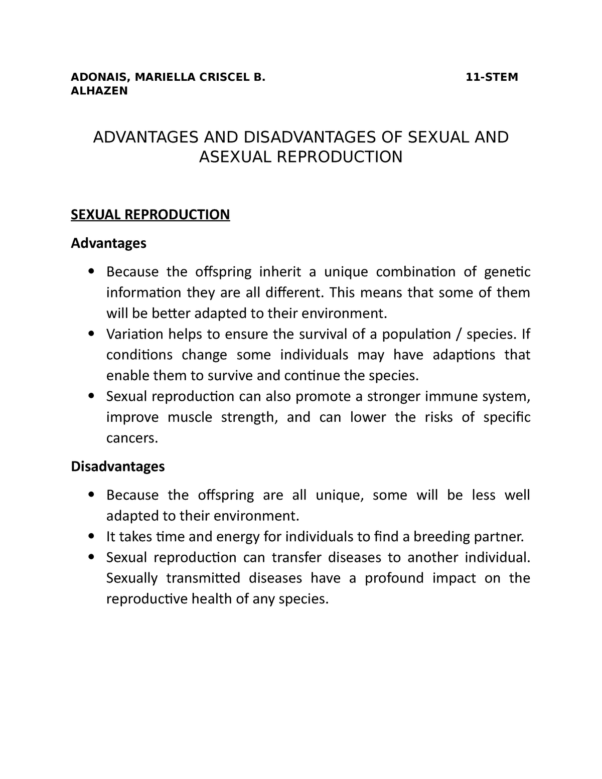 Advantages And Disadvantages Asexual And Sexual Reproduction Adonais Adonais Mariella Criscel B 