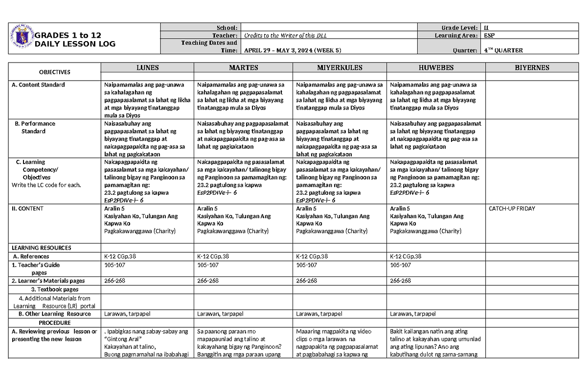 DLL ESP 2 Q4 W5-1 - Samples - GRADES 1 to 12 DAILY LESSON LOG School ...