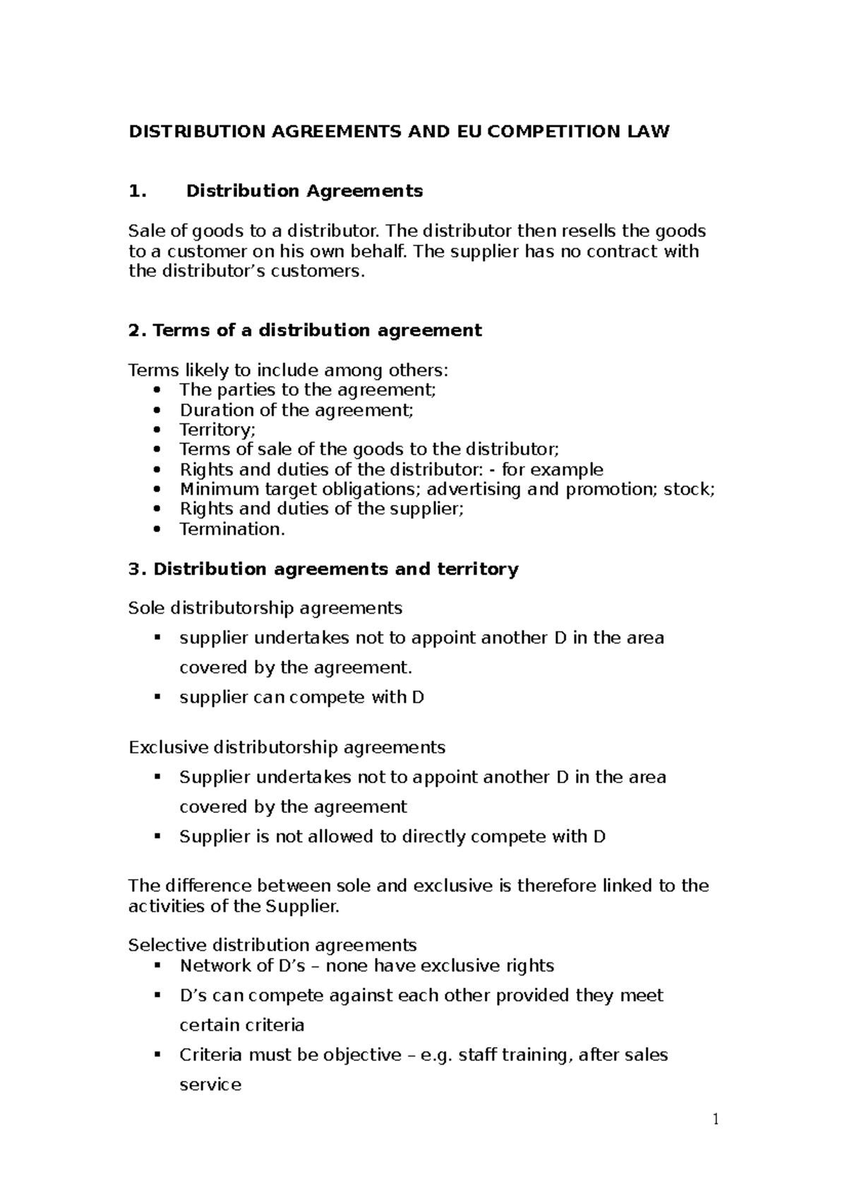 Distribution agreements/ EU Competition Law DISTRIBUTION AGREEMENTS