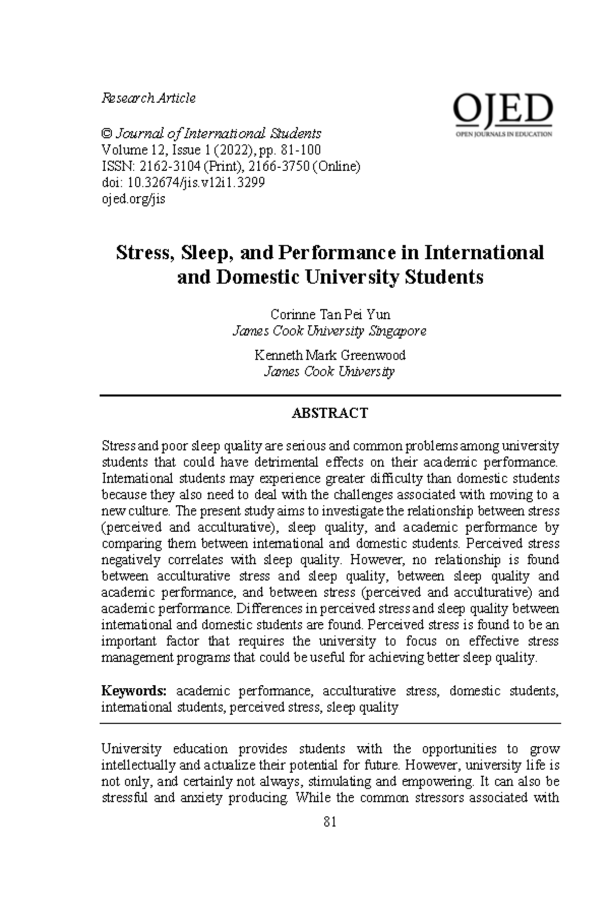 2022 Yun Stress Sleep Performance - Research Article © Journal of ...