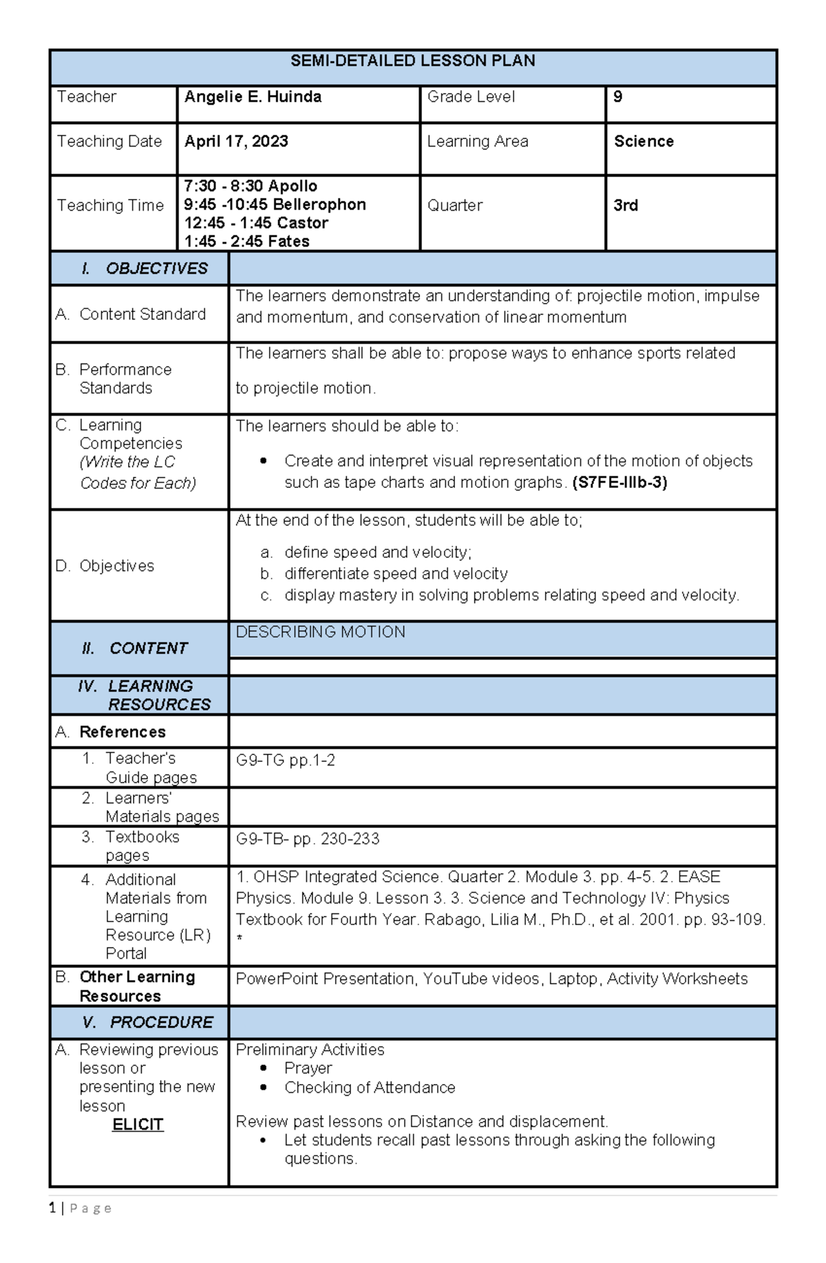 DLP- Speed AND Velocity-DAY10 April 17 - SEMI-DETAILED LESSON PLAN ...