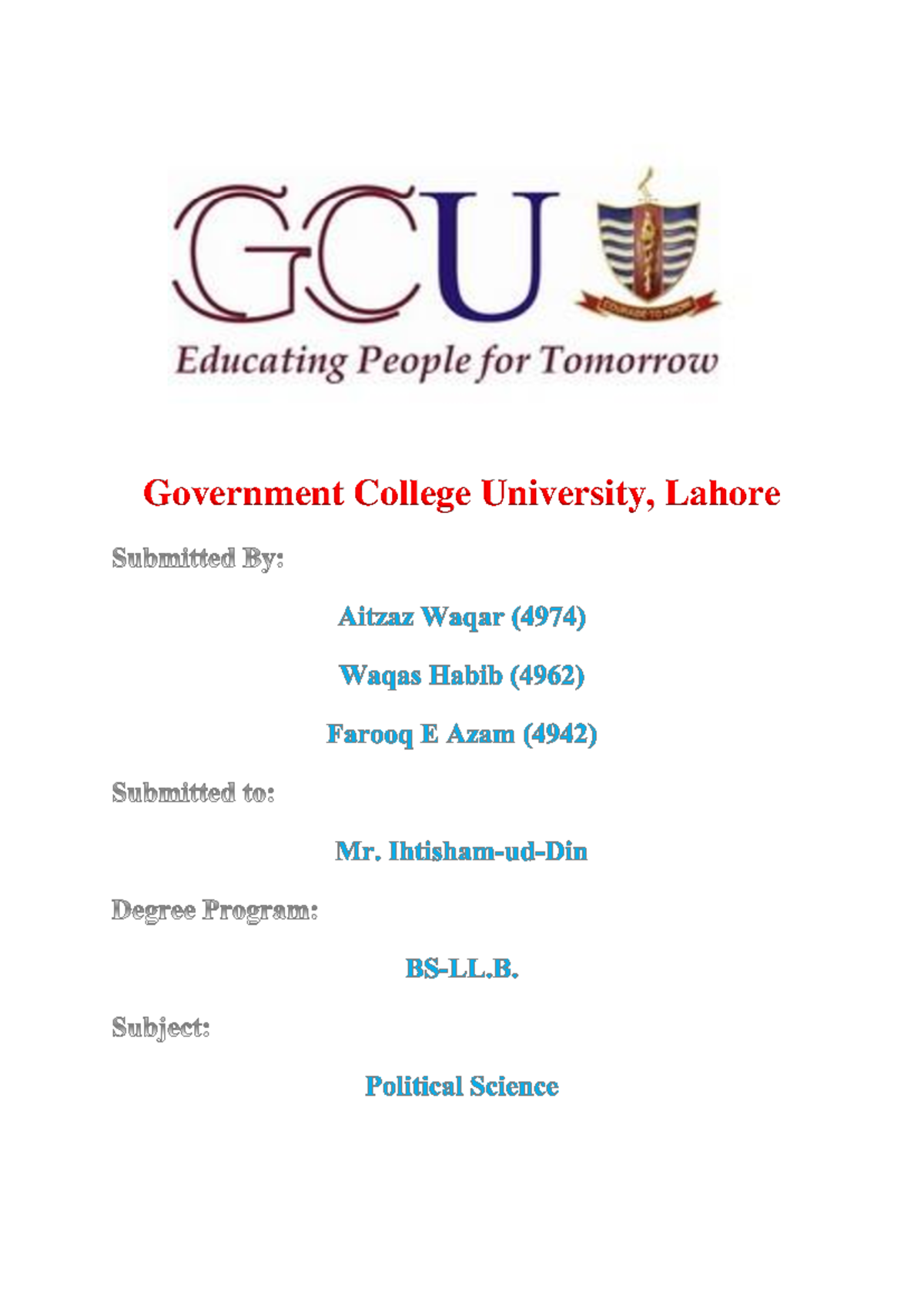 POL SCI 4942, 4962,4974 - Government College University, Lahore Form of ...