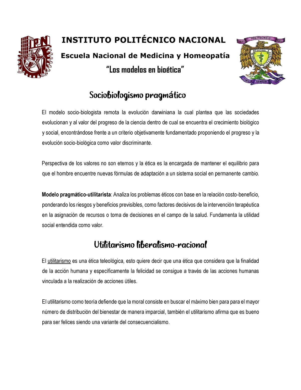 Los modelos en bioética - INSTITUTO POLITÉCNICO NACIONAL Escuela Nacional  de Medicina y Homeopatía - Studocu