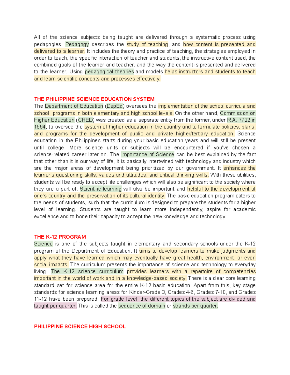 STS—IV. Science Education IN THE Philippines All of the science