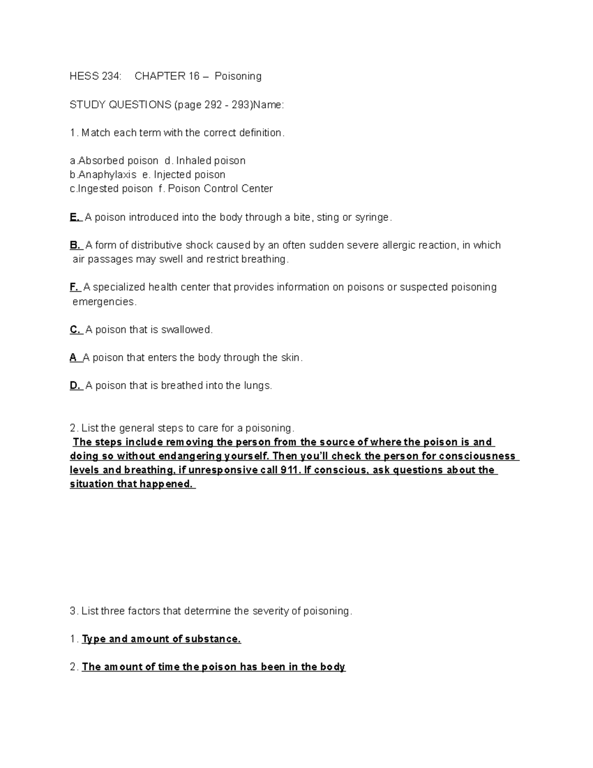 Ch 16 Poisoning - HESS 234: CHAPTER 16 – Poisoning STUDY QUESTIONS ...