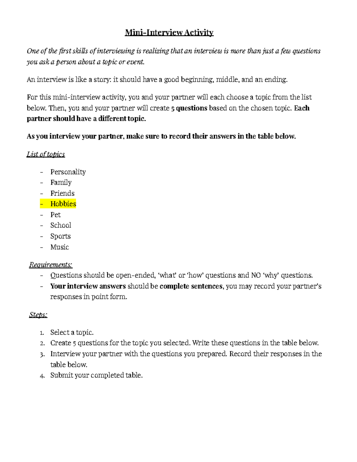 Mini-Interview Activity - An interview is like a story: it should have ...