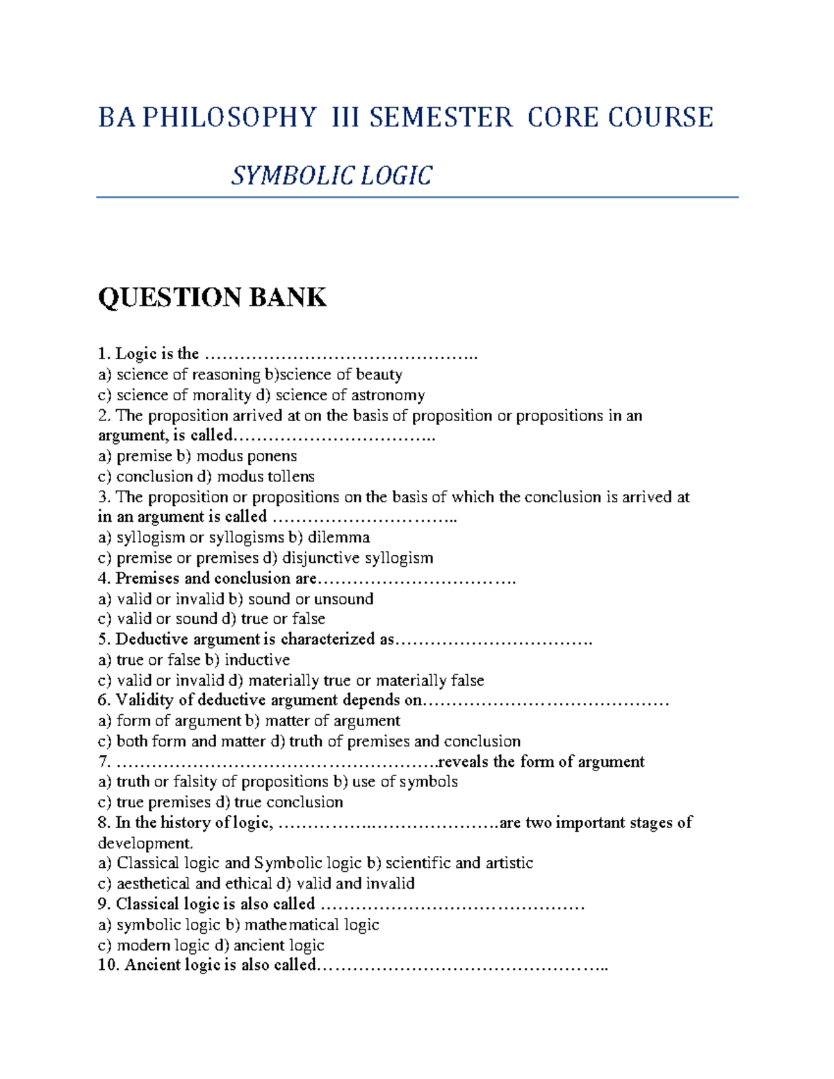 Ba Philosophy Symbolic Logic Ba Philosophy Iii Semester Core Course Symbolic Logic Question