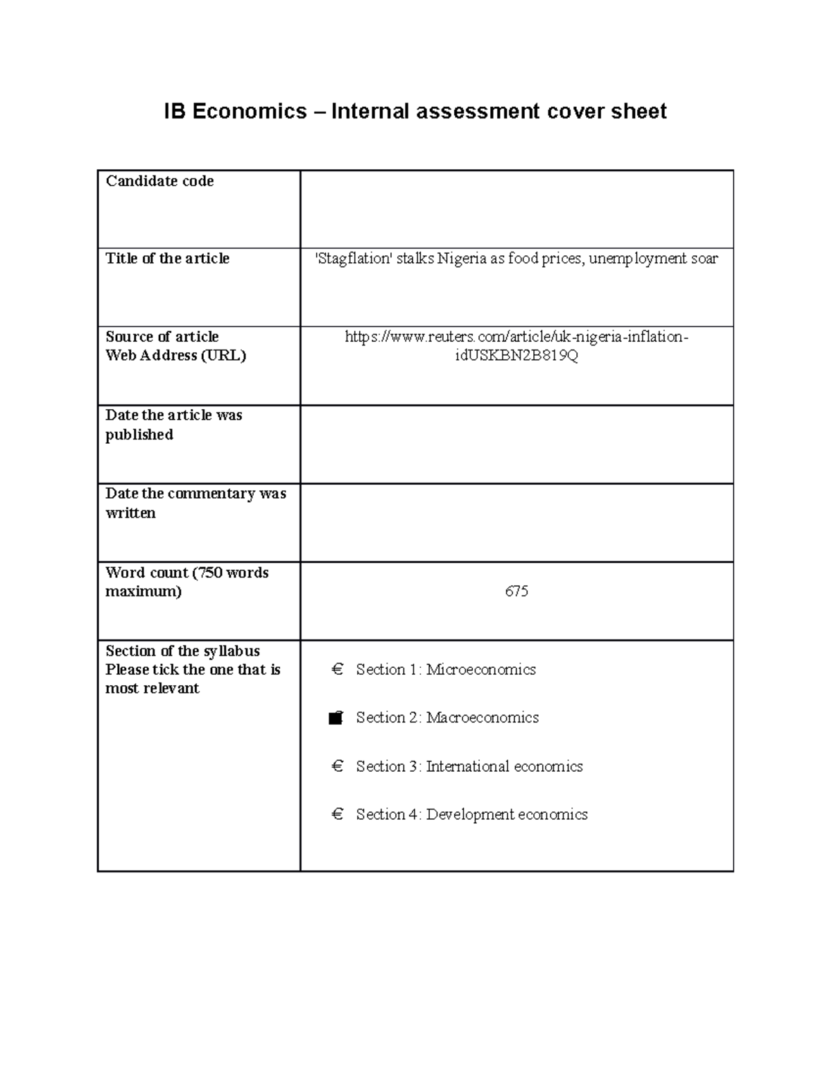 IB Macroeconomics IA IB Economics Internal Assessment Cover Sheet 