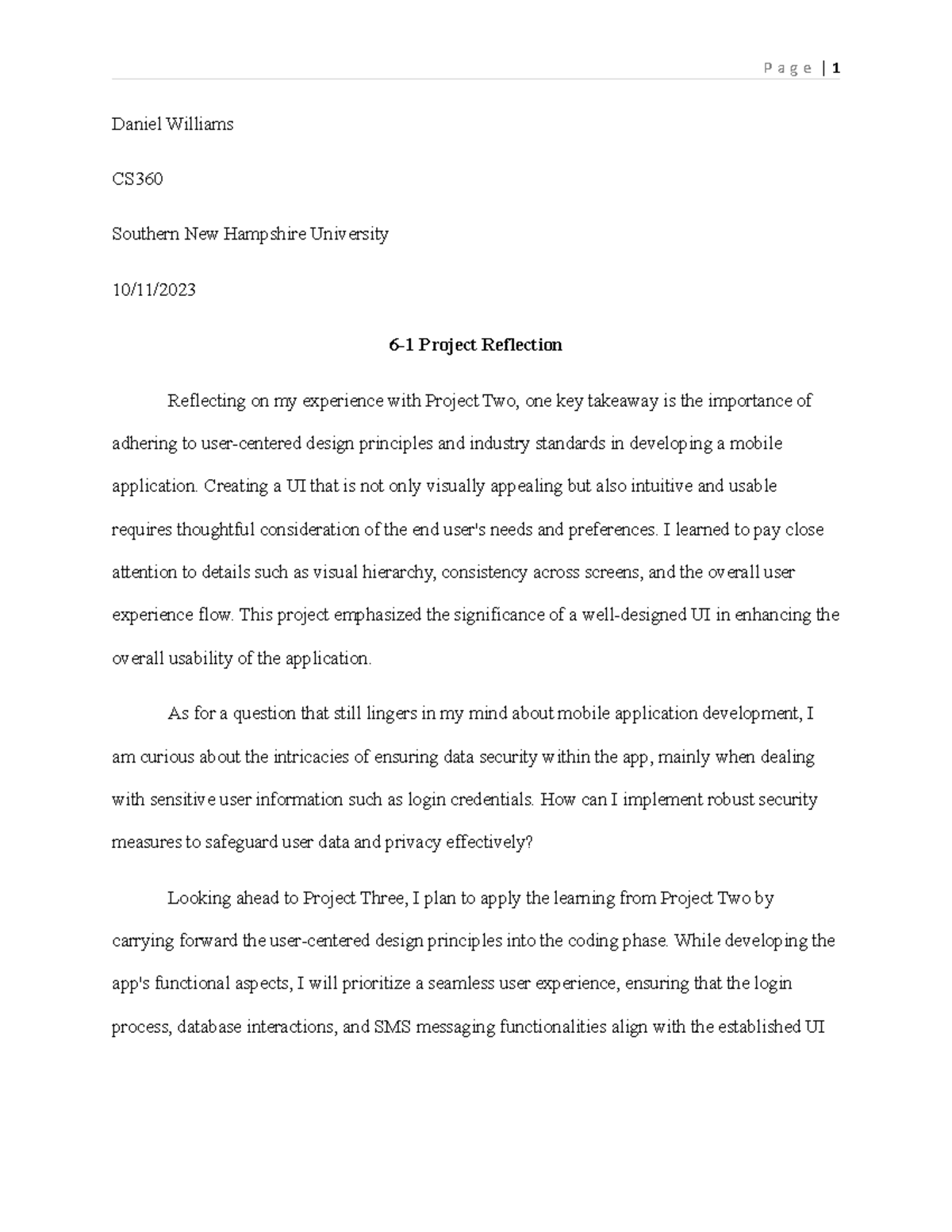 6-1 Project Reflection - P a g e | 1 Daniel Williams CS Southern New ...