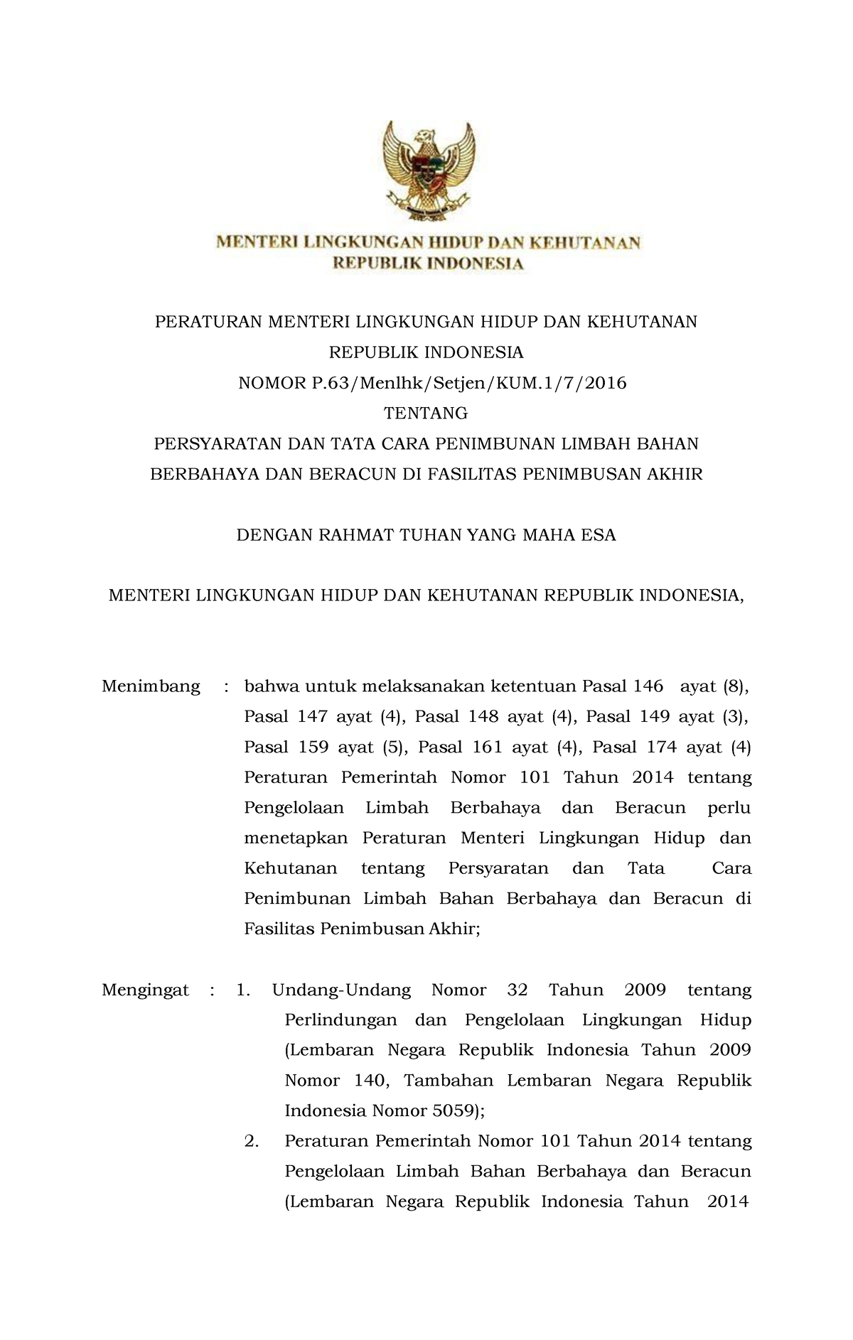 Permen LHK 63 Tahun 2016 Penimbunan - PERATURAN MENTERI LINGKUNGAN ...