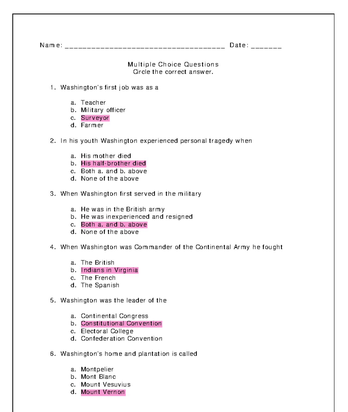 Washington+questions+1 - N a m e