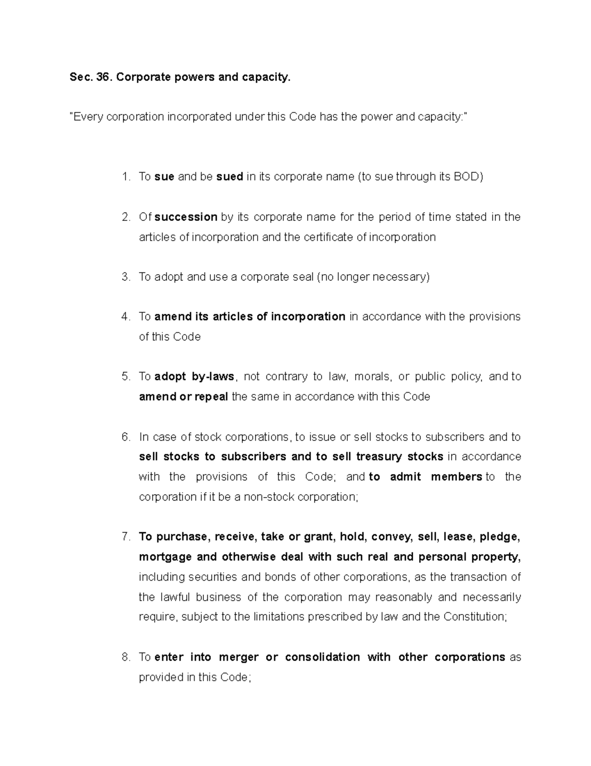 Section 36 63 Lecture Notes 1 Sec 36 Corporate Powers And Capacity Every Corporation Section 36 63 Lecture Notes 1 Sec 36 Corporate Powers And Capacity Every Corporation