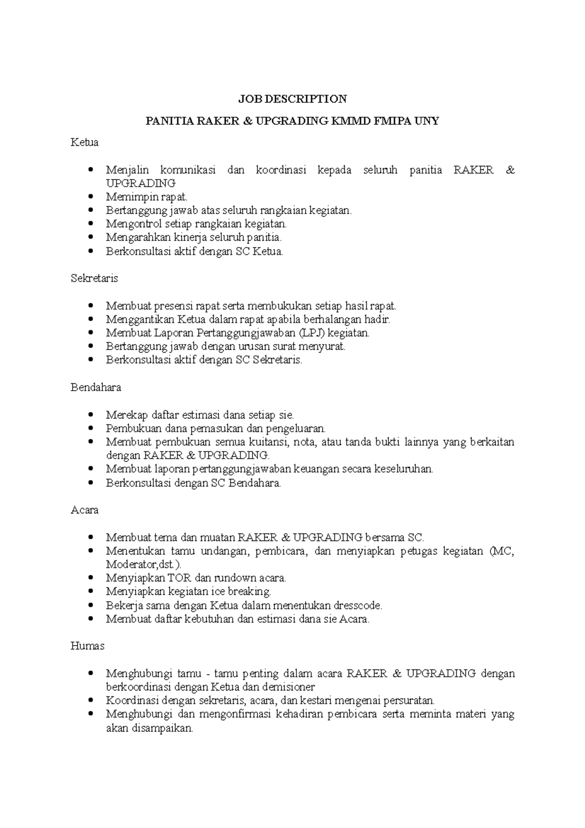JOB Description Raker & Upgrading KMMD - JOB DESCRIPTION PANITIA RAKER ...