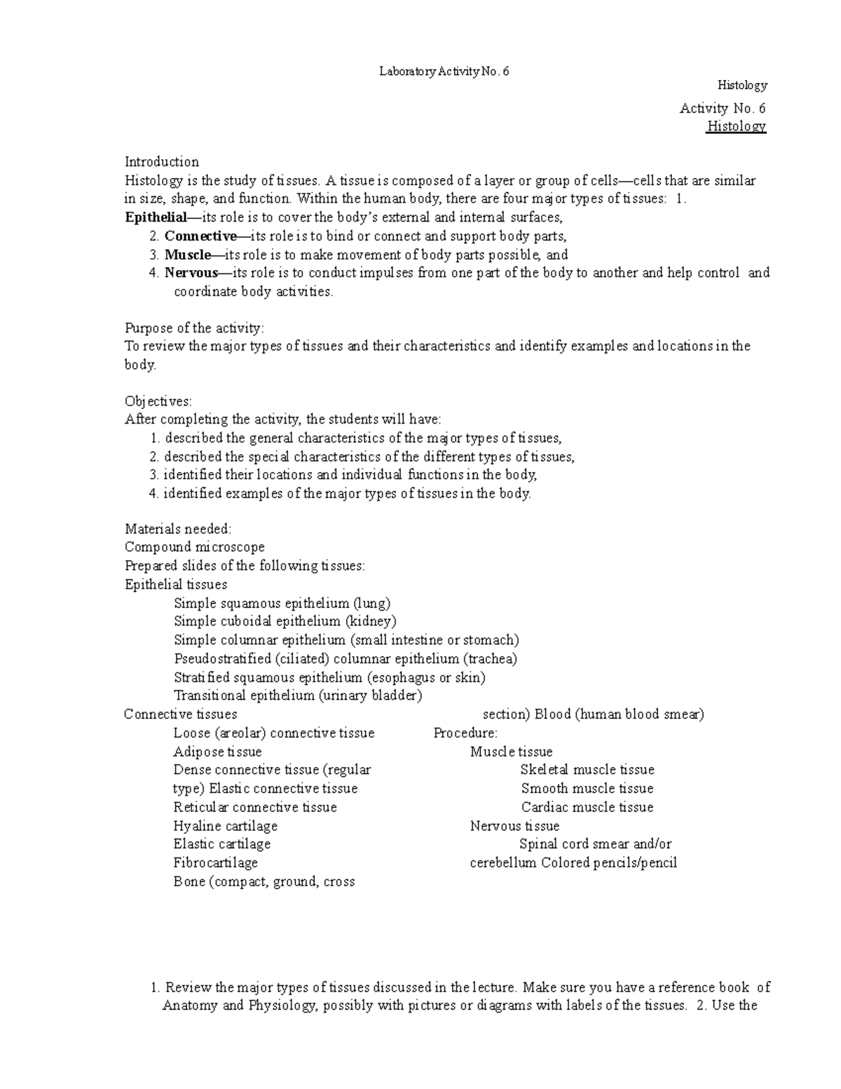 Activity No 6 Histology - Laboratory Activity No. 6 Histology Activity ...