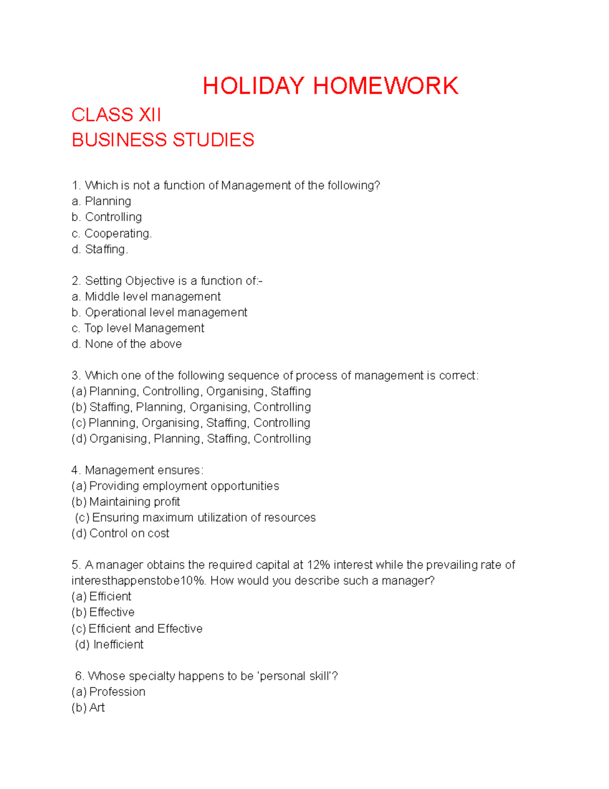 holiday homework for class 12 business studies