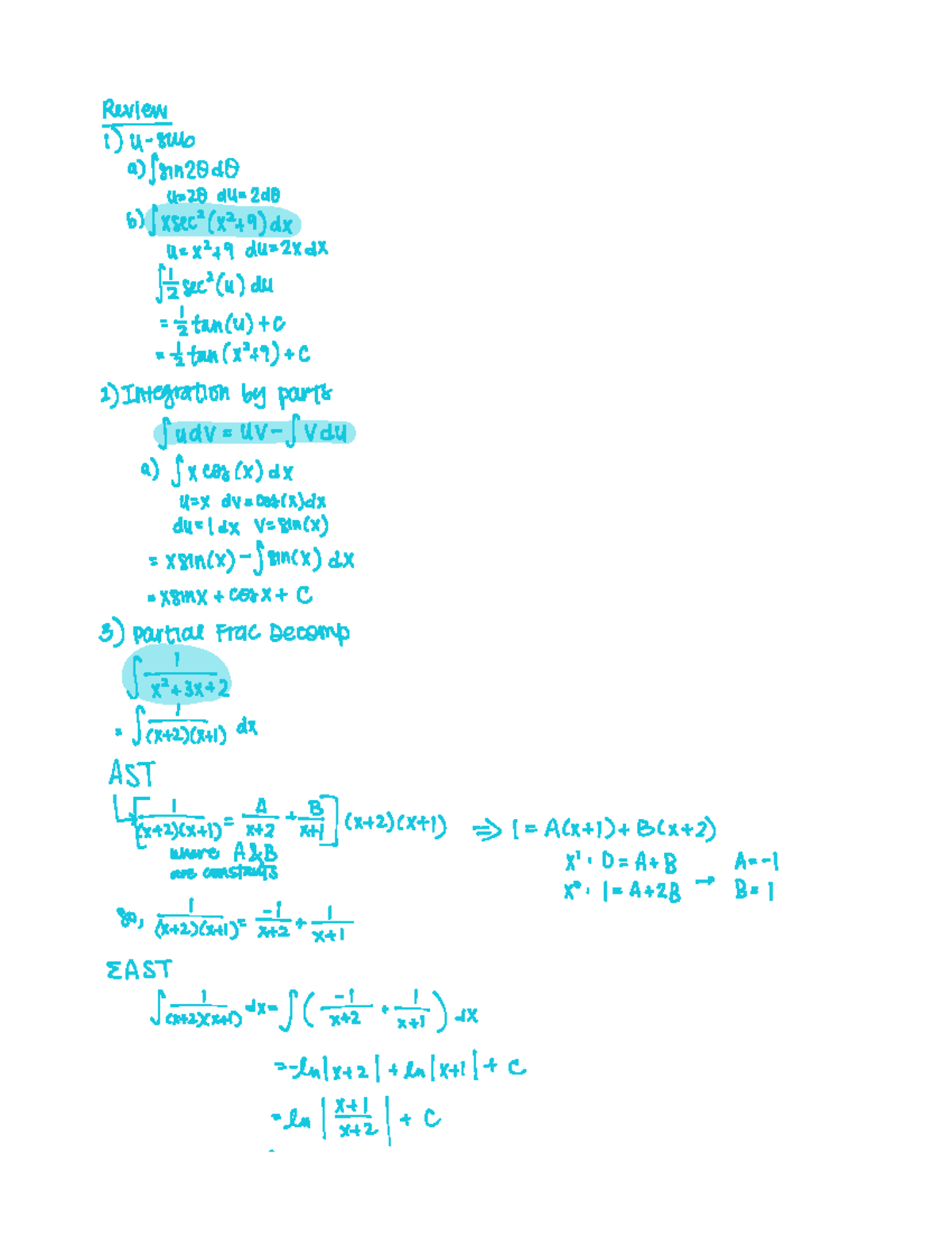 Notes 1 differential equations Review 1 U sub a 18m DO 420 du 2 DO b J x Sed X't 9 DX U X 49