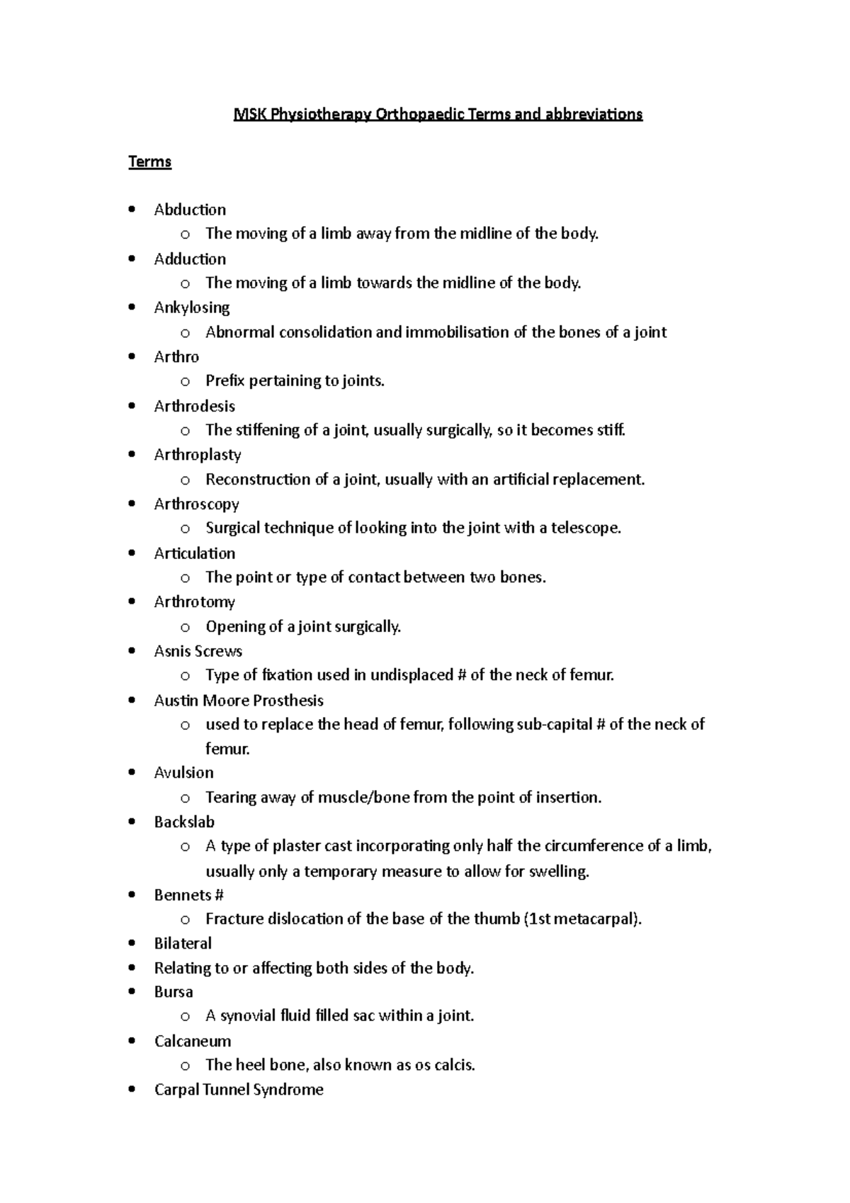 MSK Physiotherapy Orthopaedic Terms and abbreviations Adduction o The