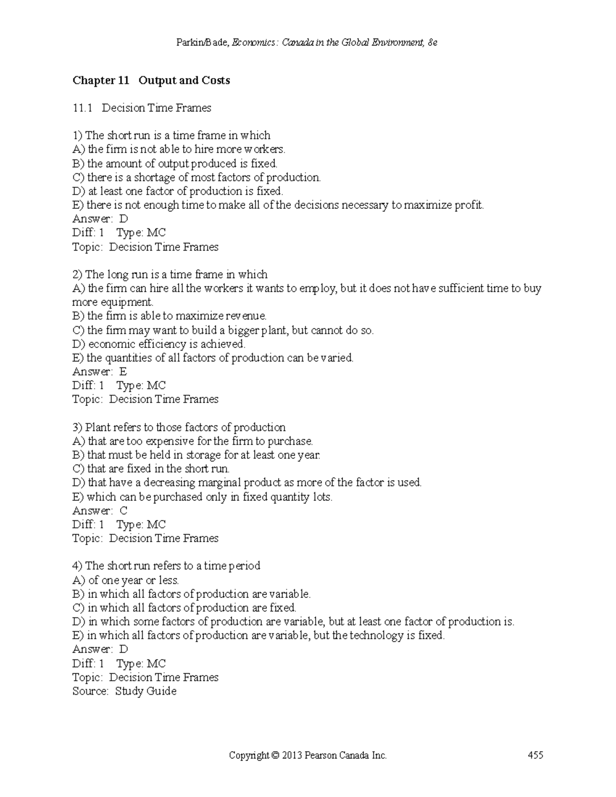 Parkin 8e TIF ch11 - Exam bank questions - Chapter 11 Output and Costs ...