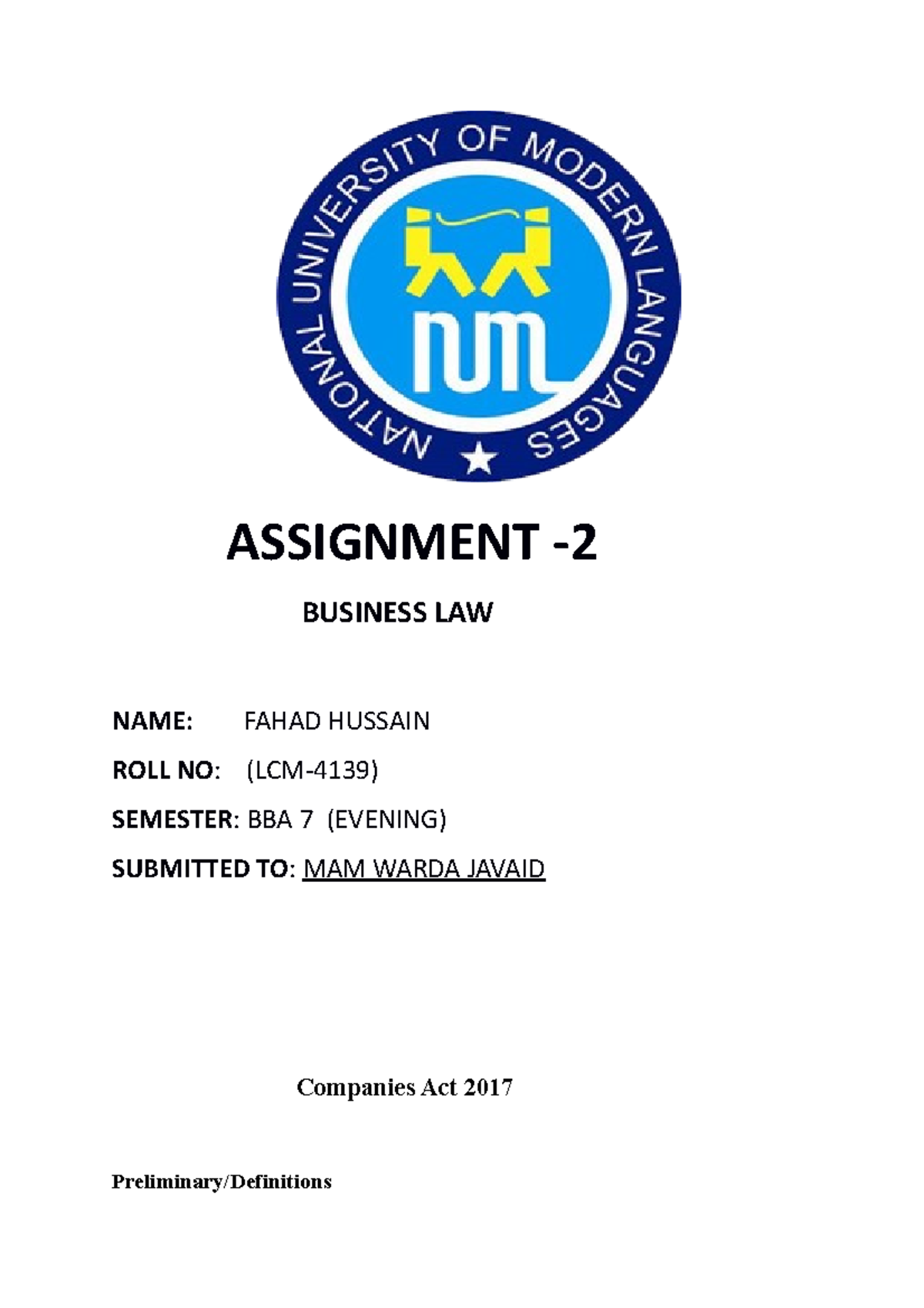 2 Fahad Business LAW - NOTHING - ASSIGNMENT - 2 BUSINESS LAW NAME ...