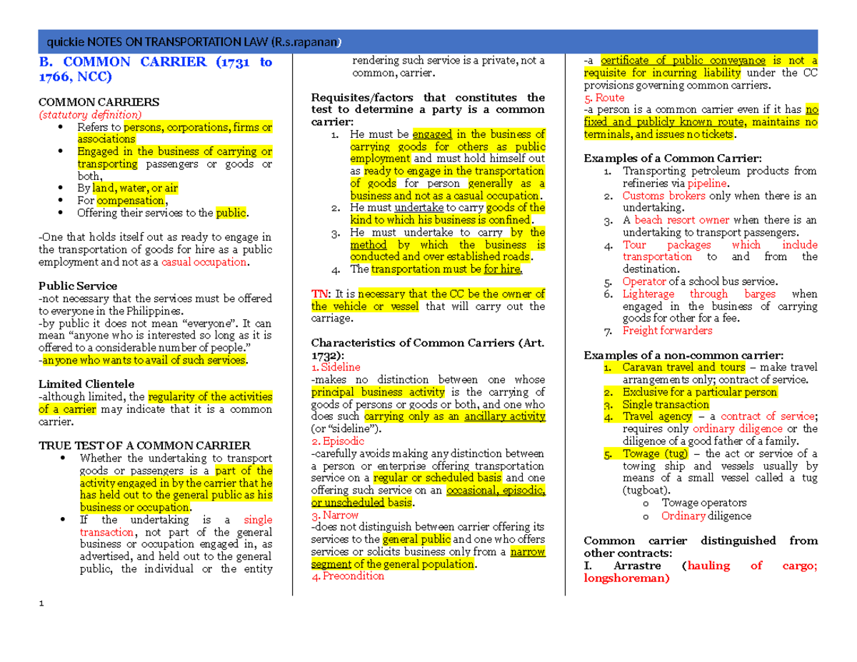 Transpo recit notes - B. COMMON CARRIER (1731 to 1766, NCC) COMMON ...