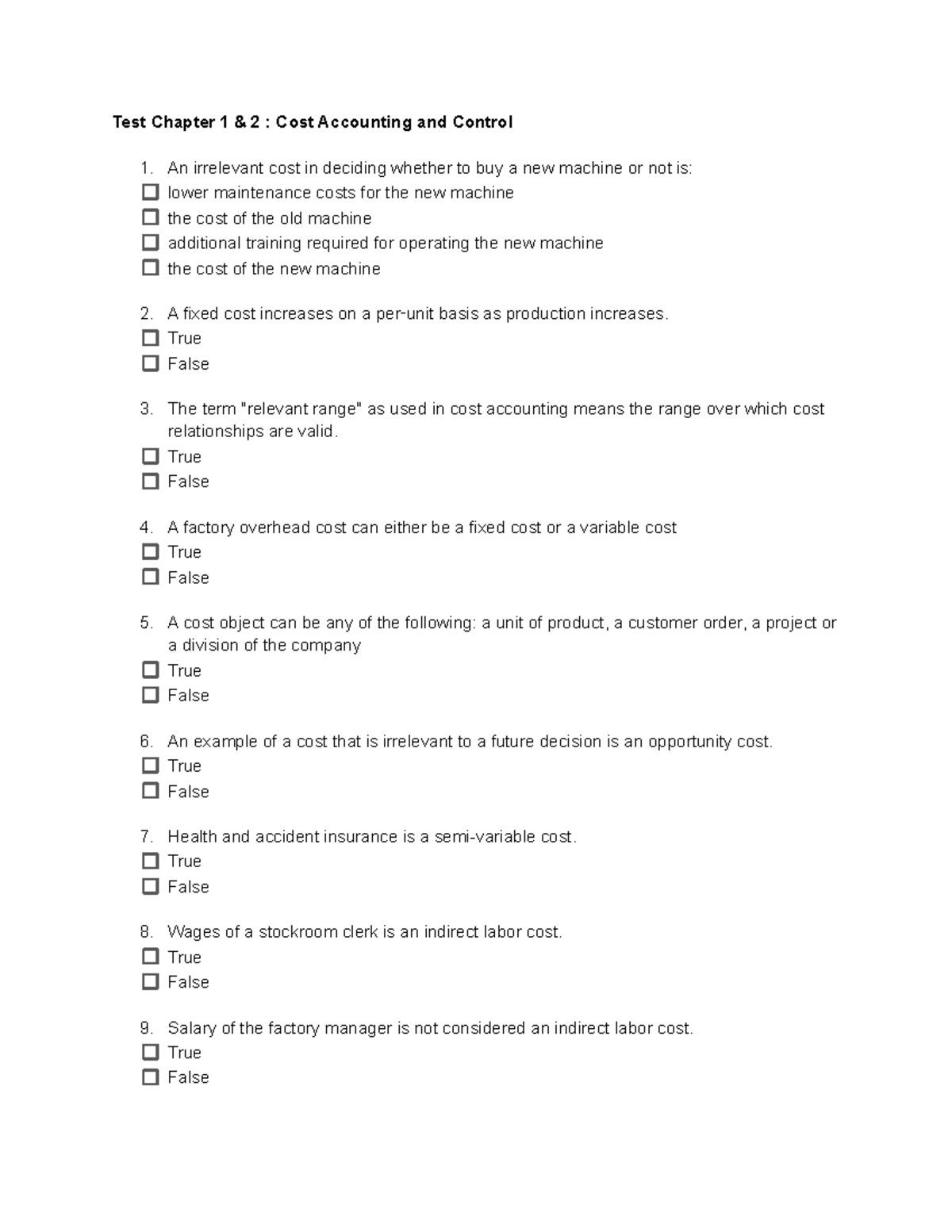 Test Yourself Introduction to cost accounting and job order costing ...