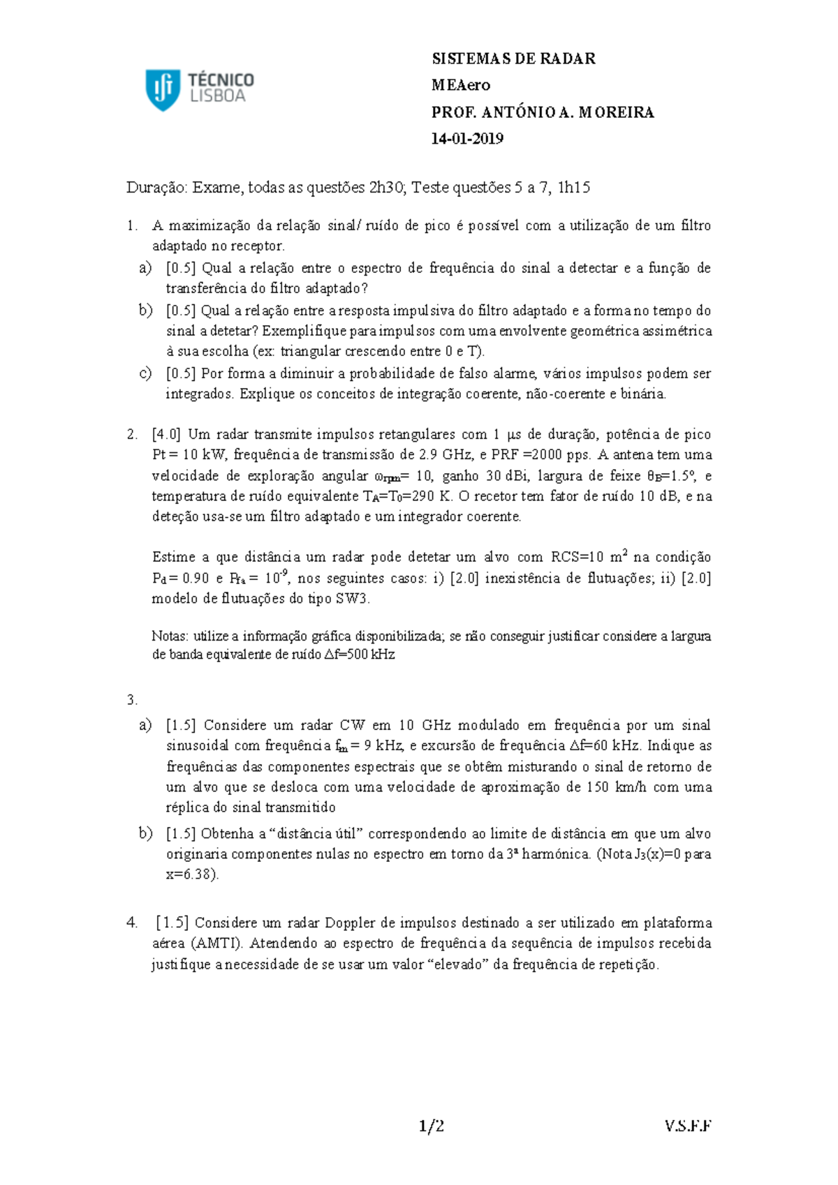 Srad 18 19 1º Exame Com Resolução Sistemas De Radar Meaero Prof AntÓnio A Moreira 14 01 3182