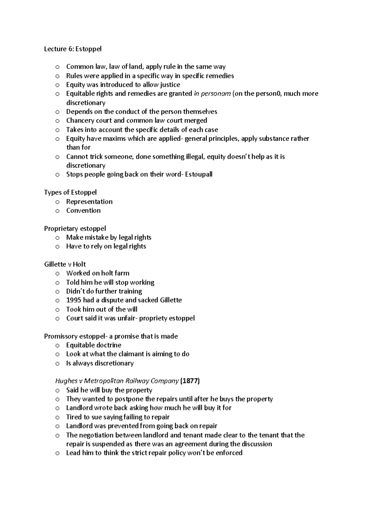 Estoppel - Lecture notes 6 - Lecture 6: Estoppel o Common law, law of ...