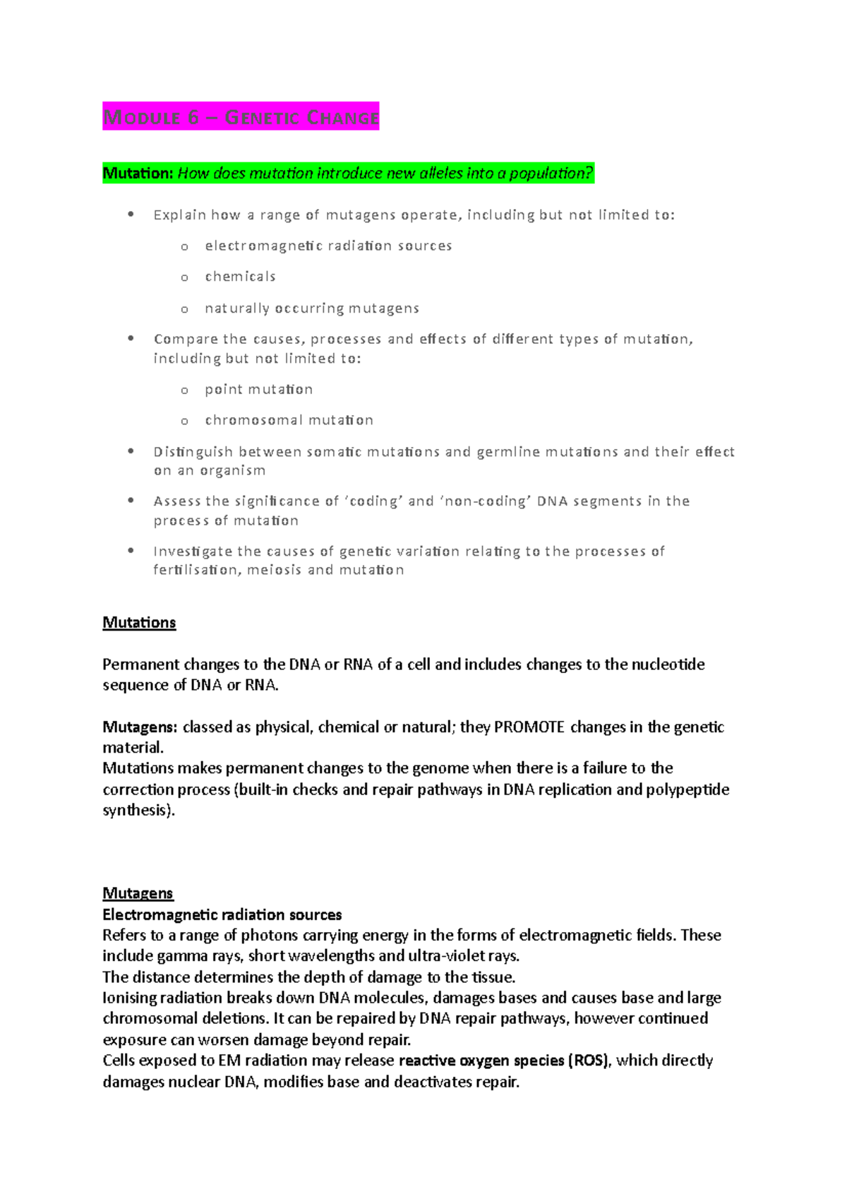 Bio Module 6 Genetic Change. Docx - MODULE 6 – GENETIC CHANGE Mutation ...