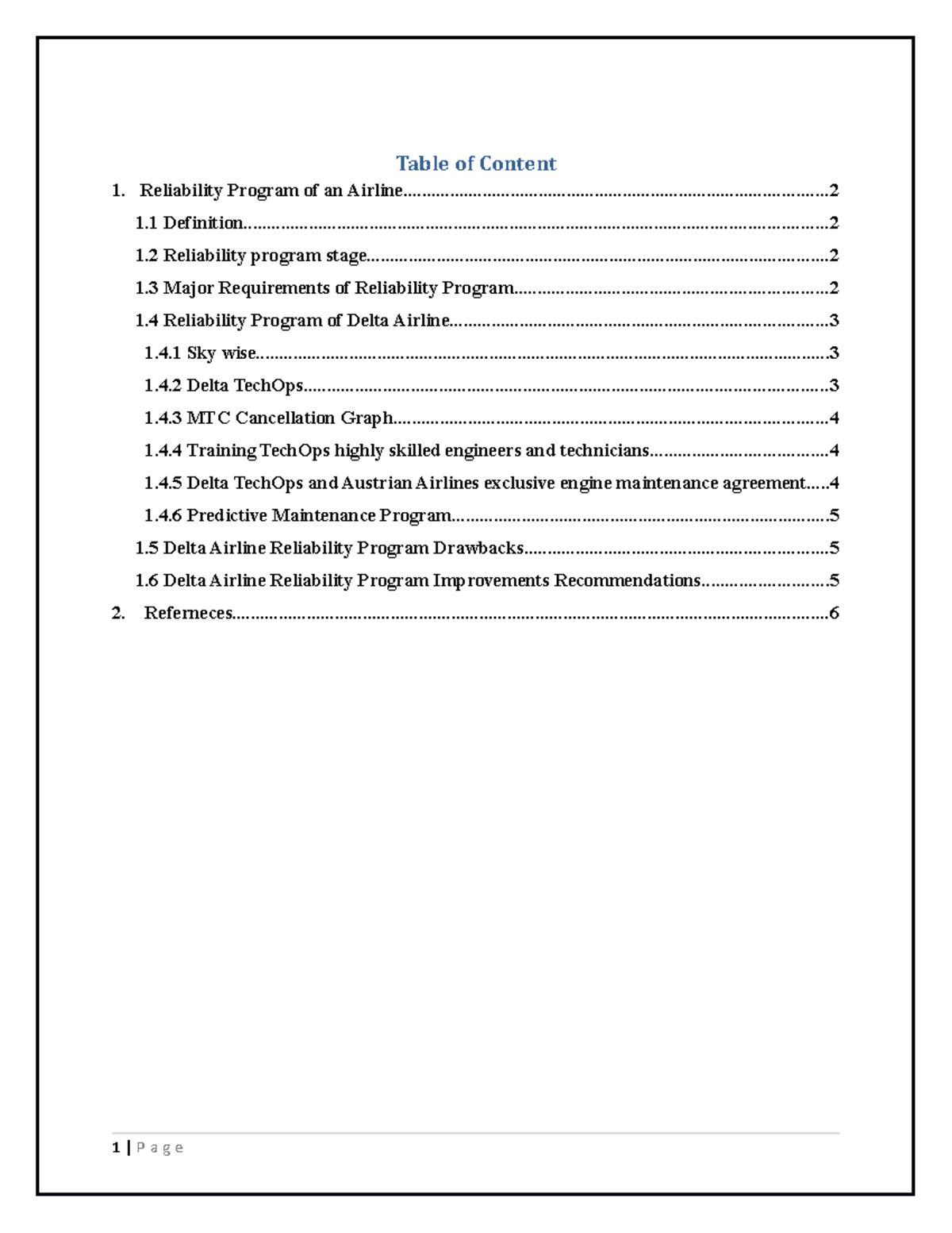 Reliability and evaluation of Delta Airline - Table of Content 1 ...