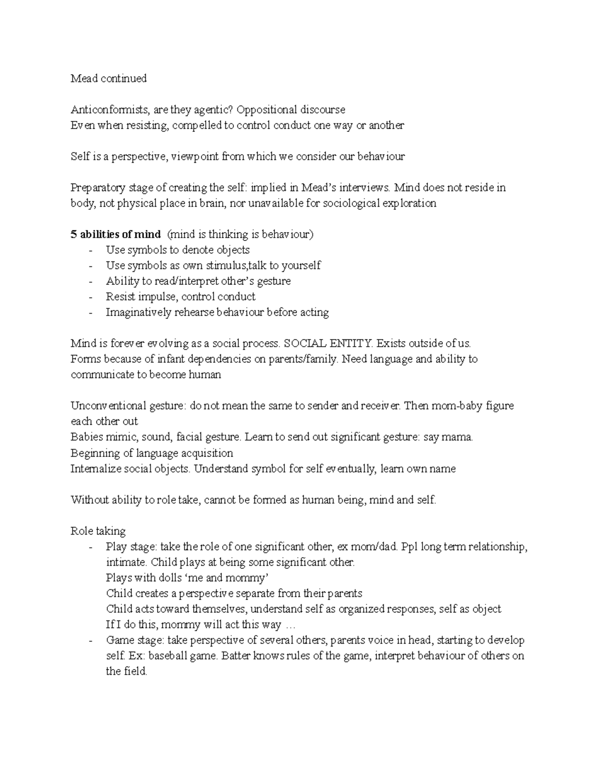 Soci402 lecture 6 notes, Mead mind and self continued, prof