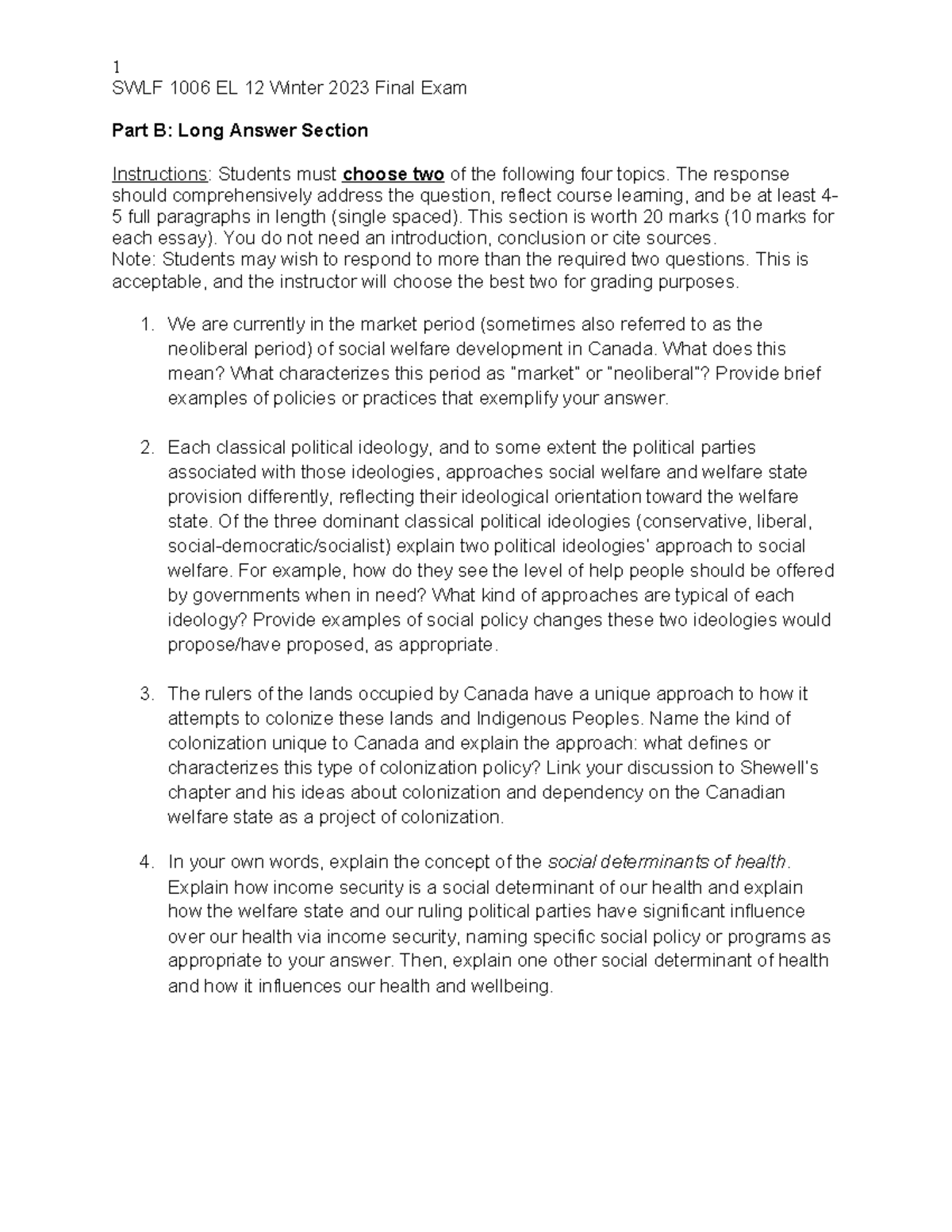 Final-EXAM SWLF 1006EL 12 (L. Tufford) - SWLF 1006 EL 12 Winter 2023 ...