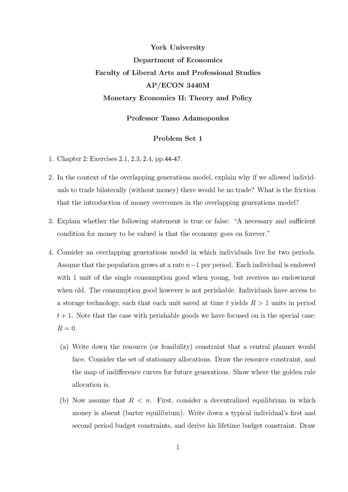 Problem Set 1 - Questions - York University Department Of Economics ...