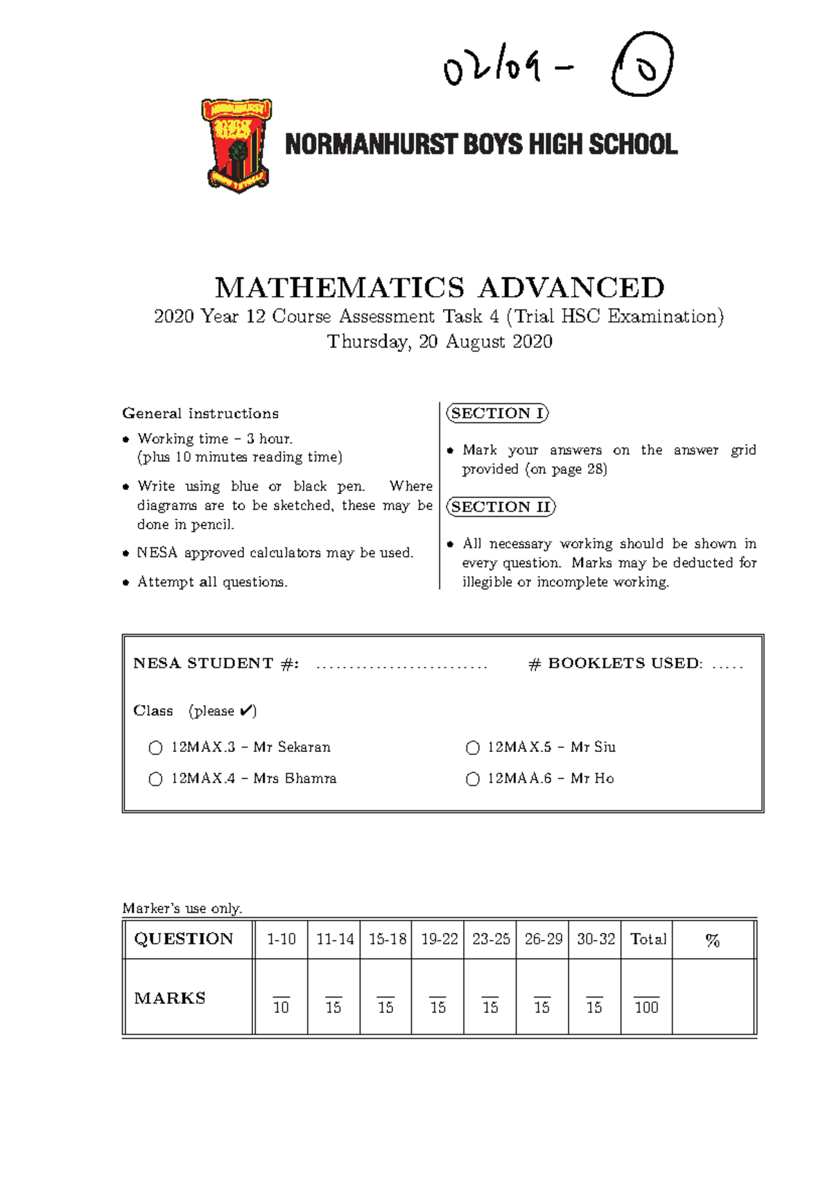 2020 Normanhurst Boys High School - Adv - Trial - MATHEMATICS ADVANCED ...