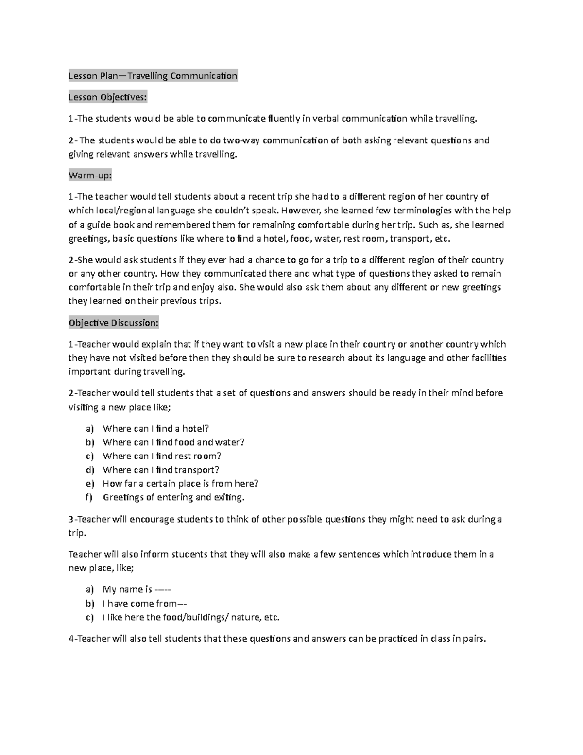 Lesson plan - Tesol professional certificate - Lesson Plan—Travelling ...