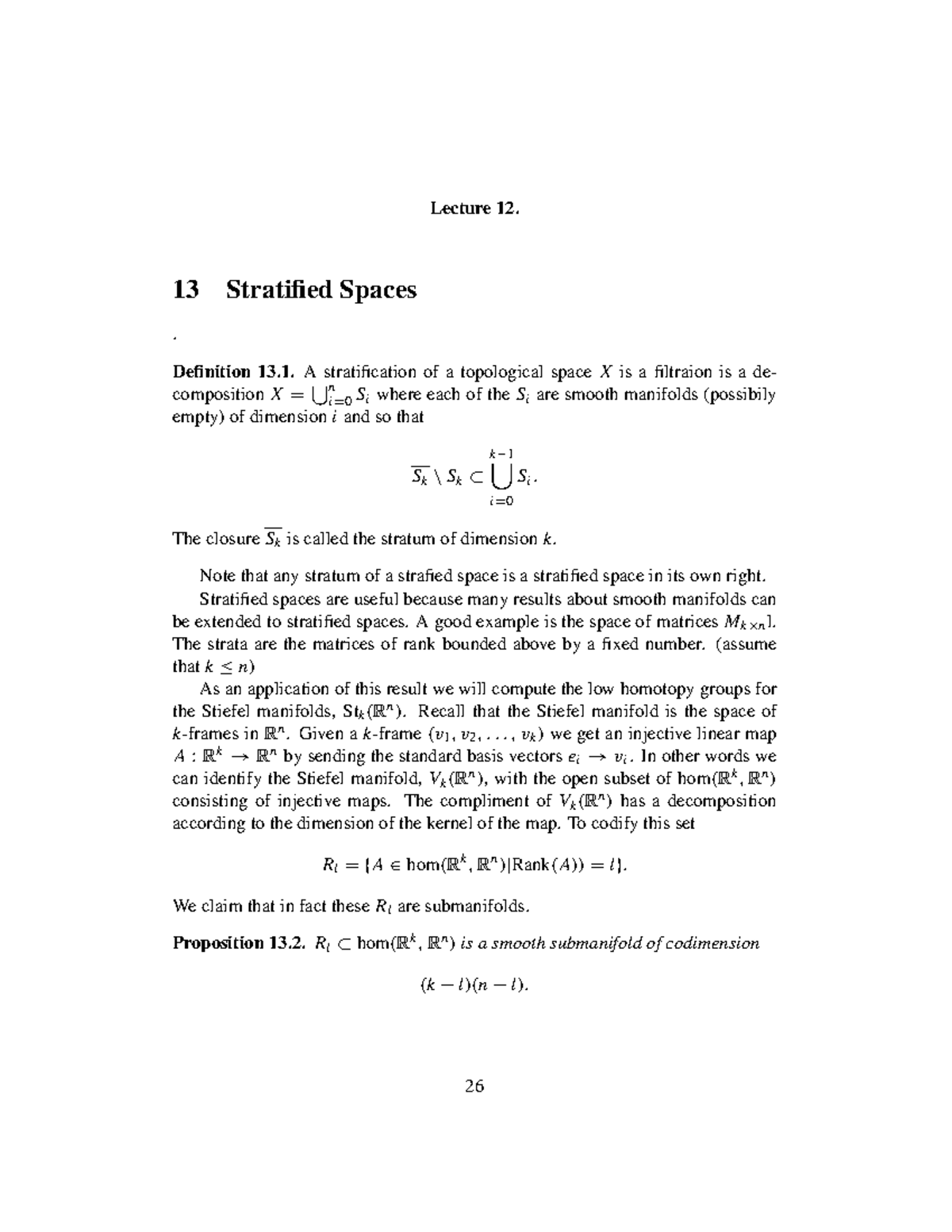 Lecture 12 Stratified Spaces - Lecture 12. 13 Stratified Spaces ...