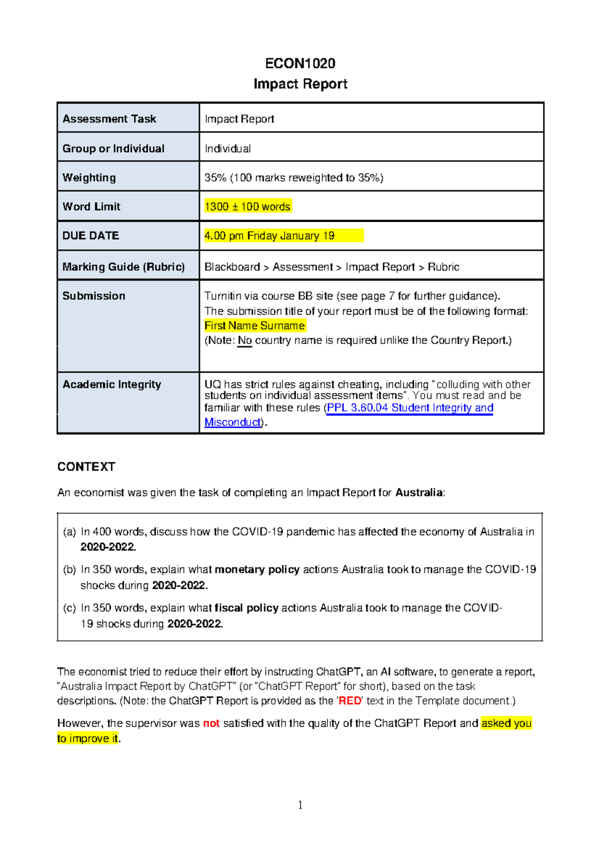 Impact Report Instructions Summer semester 2023 - ECON Impact Report ...