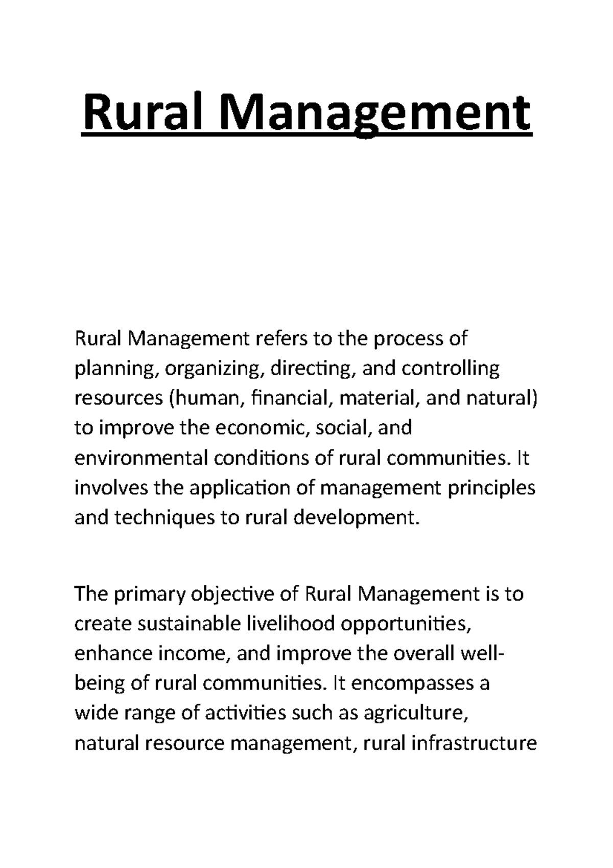 Rural Management NOTES Rural Management Rural Management refers to