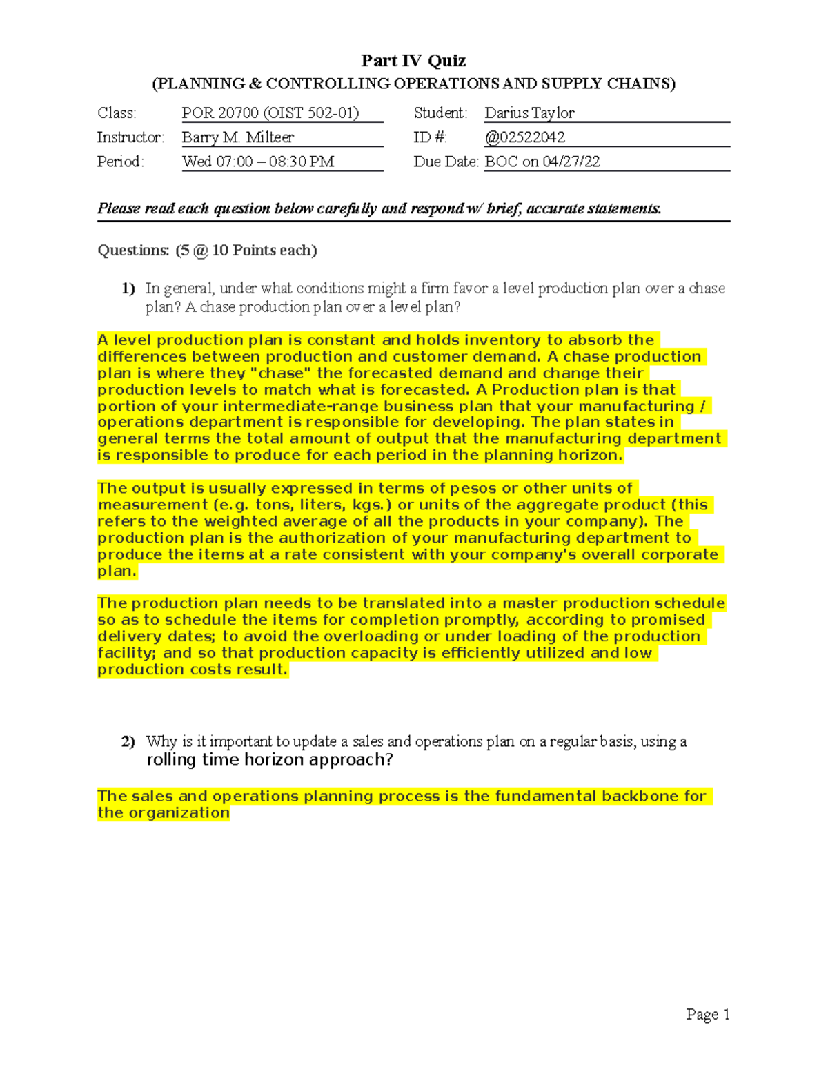 Part IV Quiz 2 - Quiz - (PLANNING & CONTROLLING OPERATIONS AND SUPPLY ...