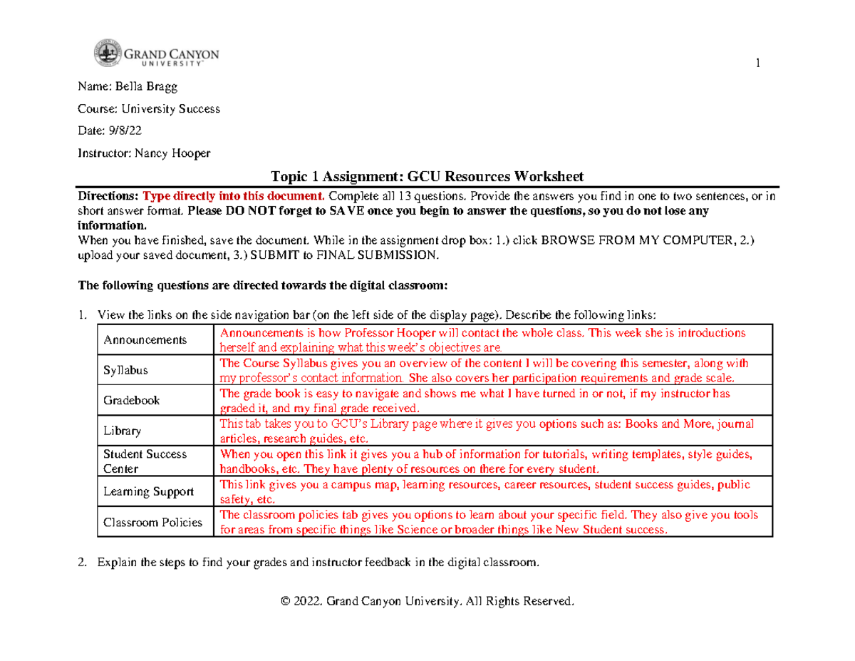 Topic 1 Resources Worksheet - Name: Bella Bragg Course: University ...