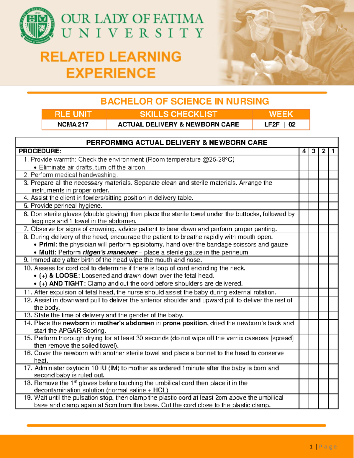 NCMA217 Actual Delivery - 1 | P a g e BACHELOR OF SCIENCE IN NURSING ...