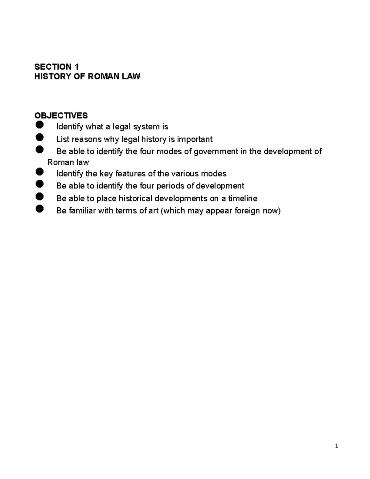 Legal systems week 1 - LEC - SECTION 1 HISTORY OF ROMAN LAW OBJECTIVES ...