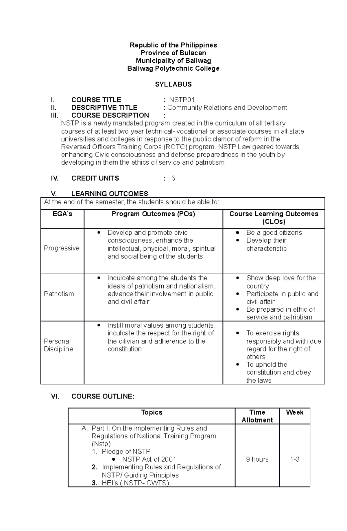 NSTP-syllabus - ASGRSYYWWSHGDSR - Republic of the Philippines Province ...