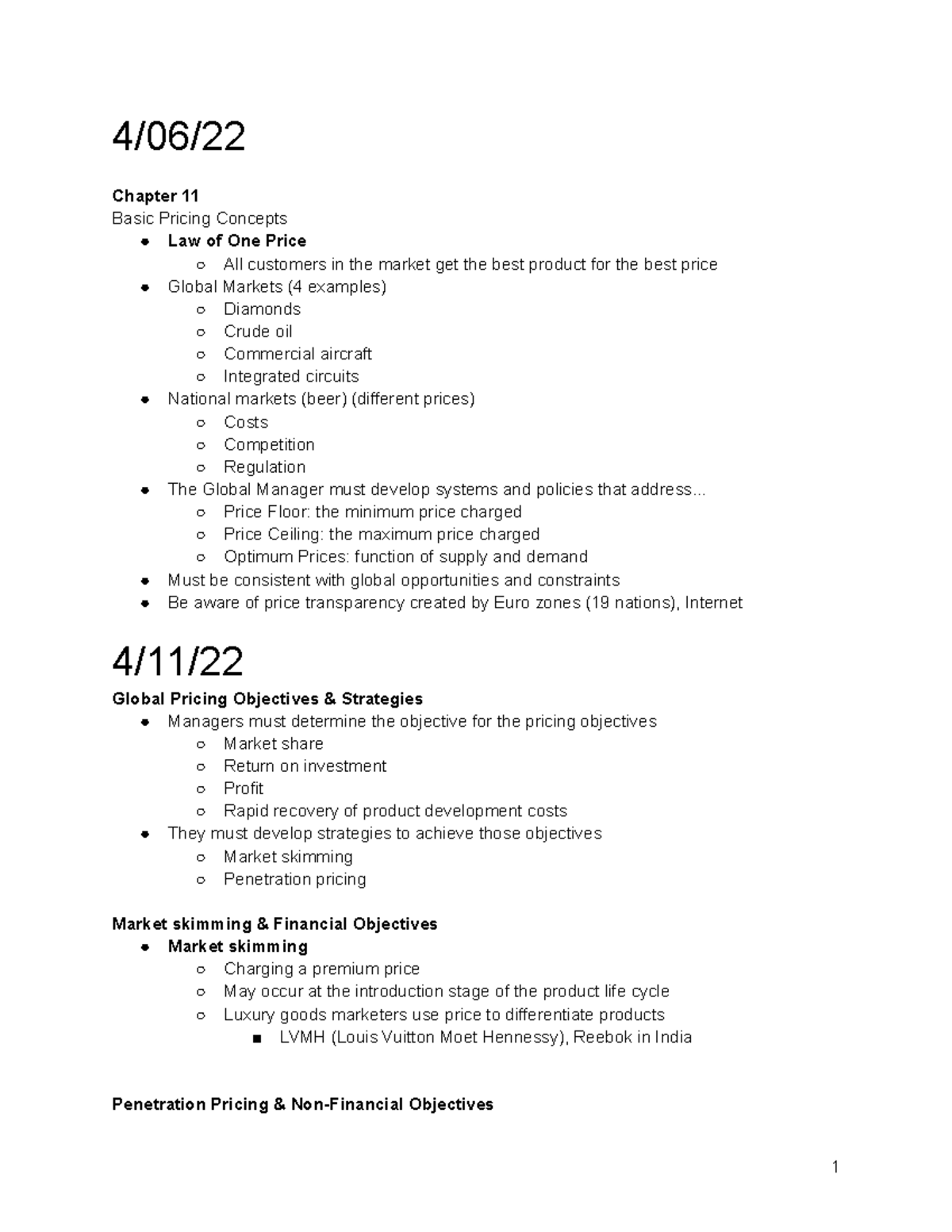BUAD 475 Notes Exam 3 - 4/06/ Chapter 11 Basic Pricing Concepts Law of ...