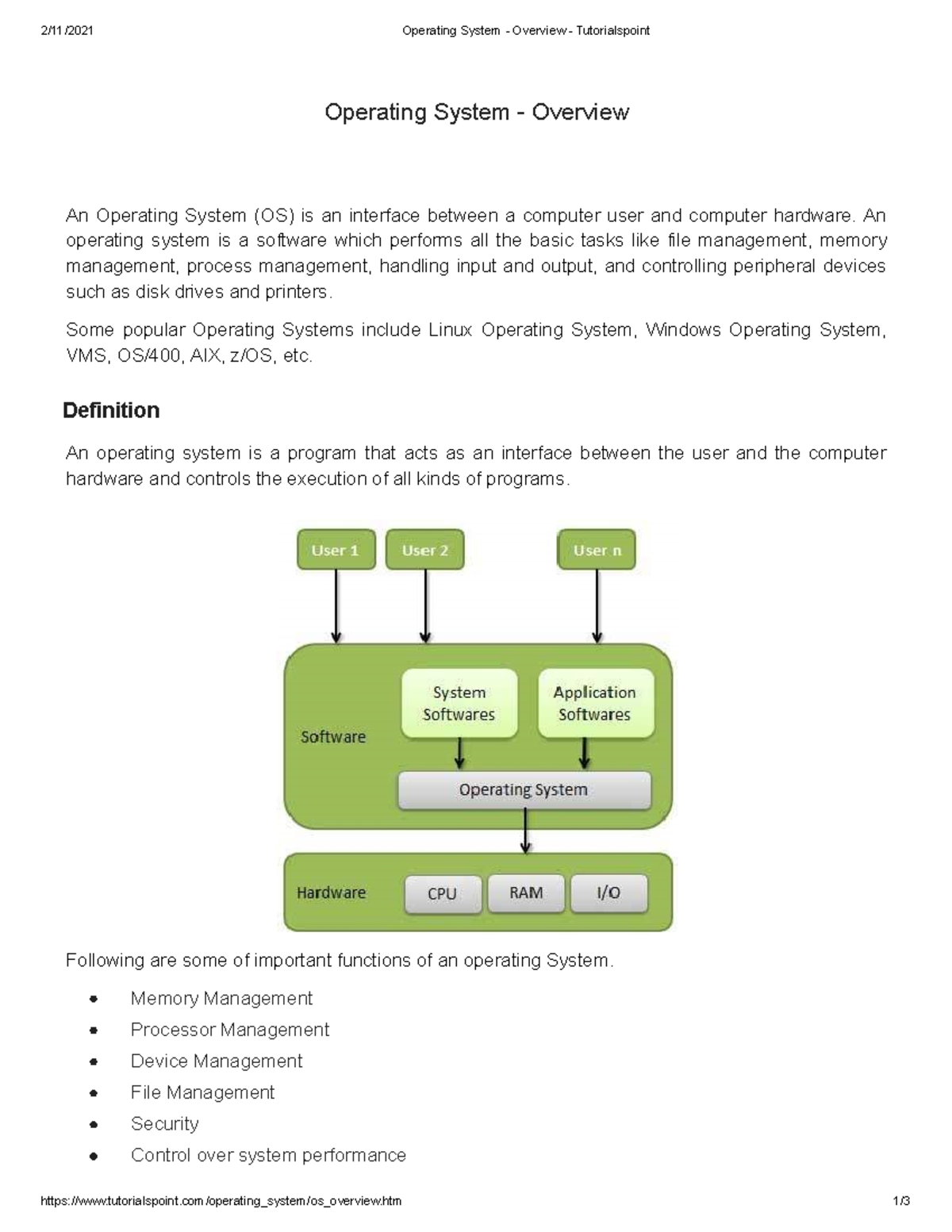 Operating System - chapter 1 - 2/11/2021 Operating System - Overview ...