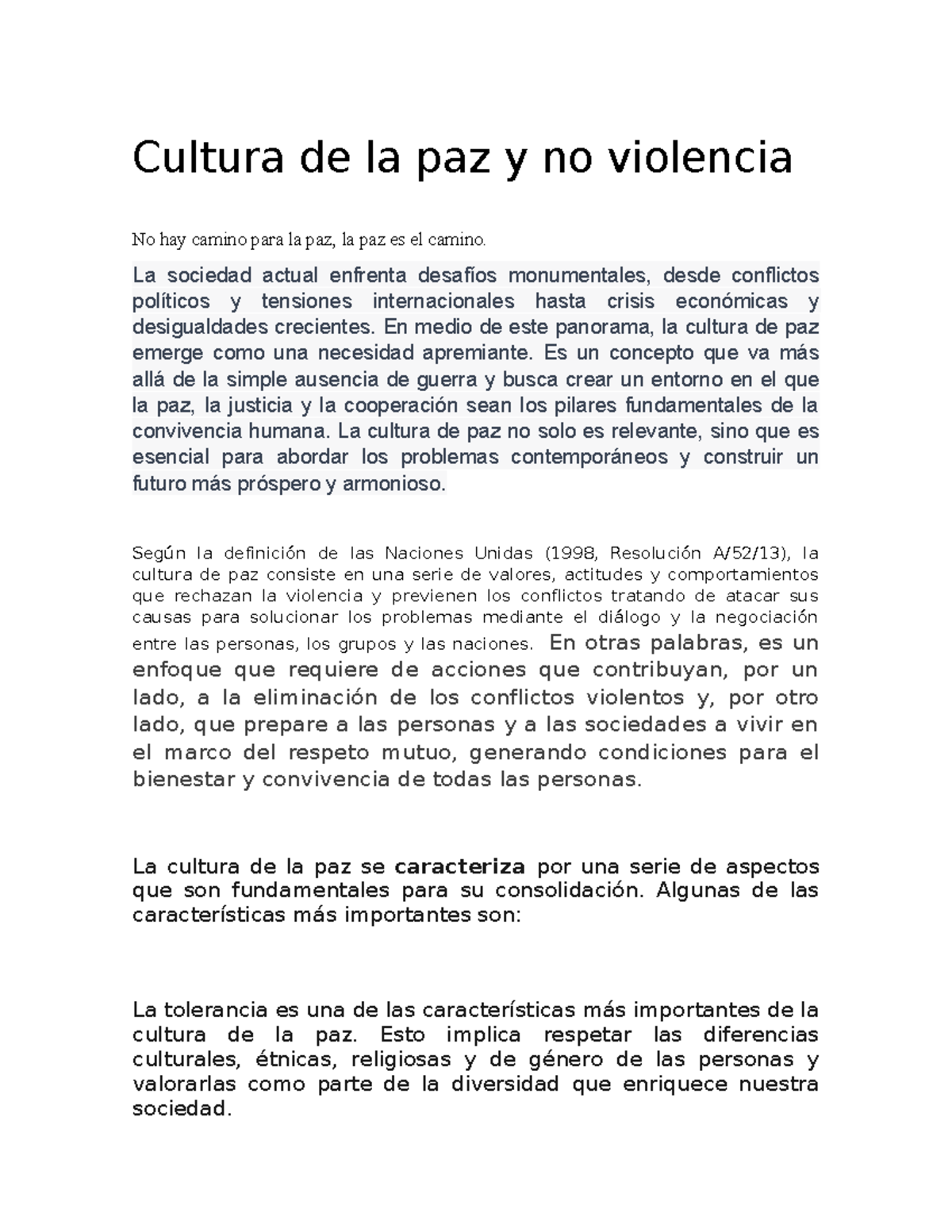 Cultura de la paz y no violencia Nuevo - Cultura de la paz y no ...