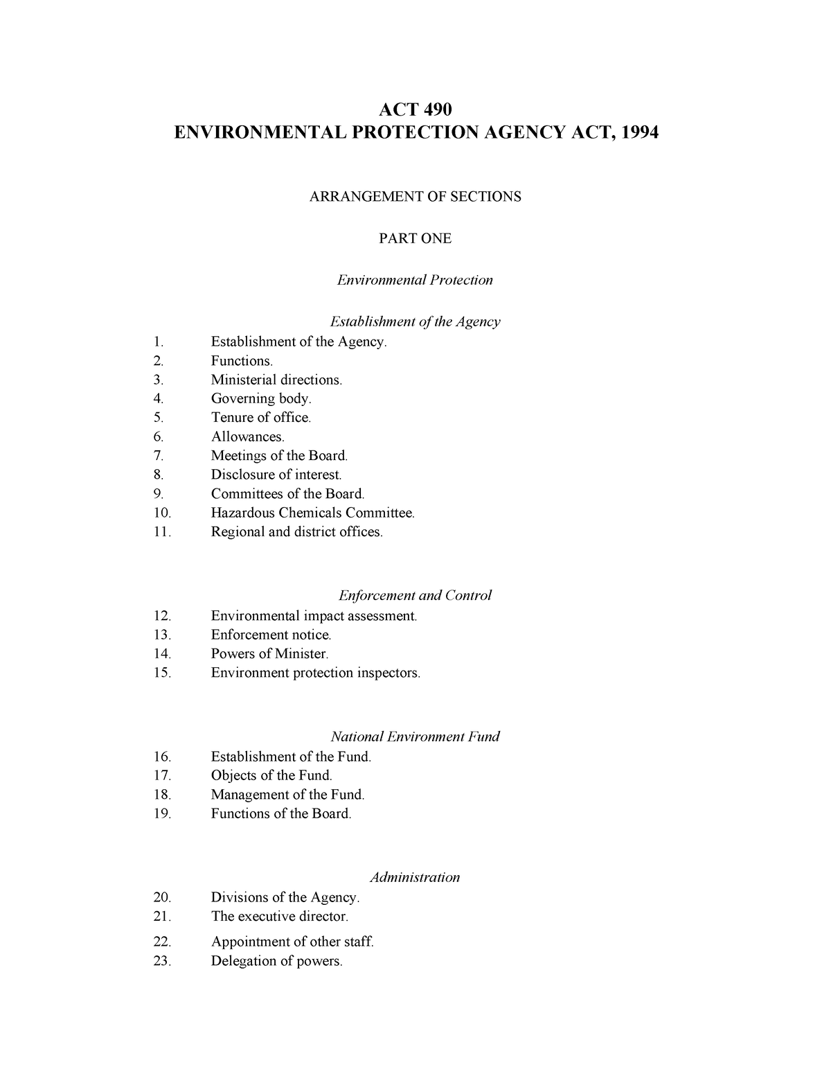 Environmental Protection Agency ACT, 1994 - ACT 490 ENVIRONMENTAL